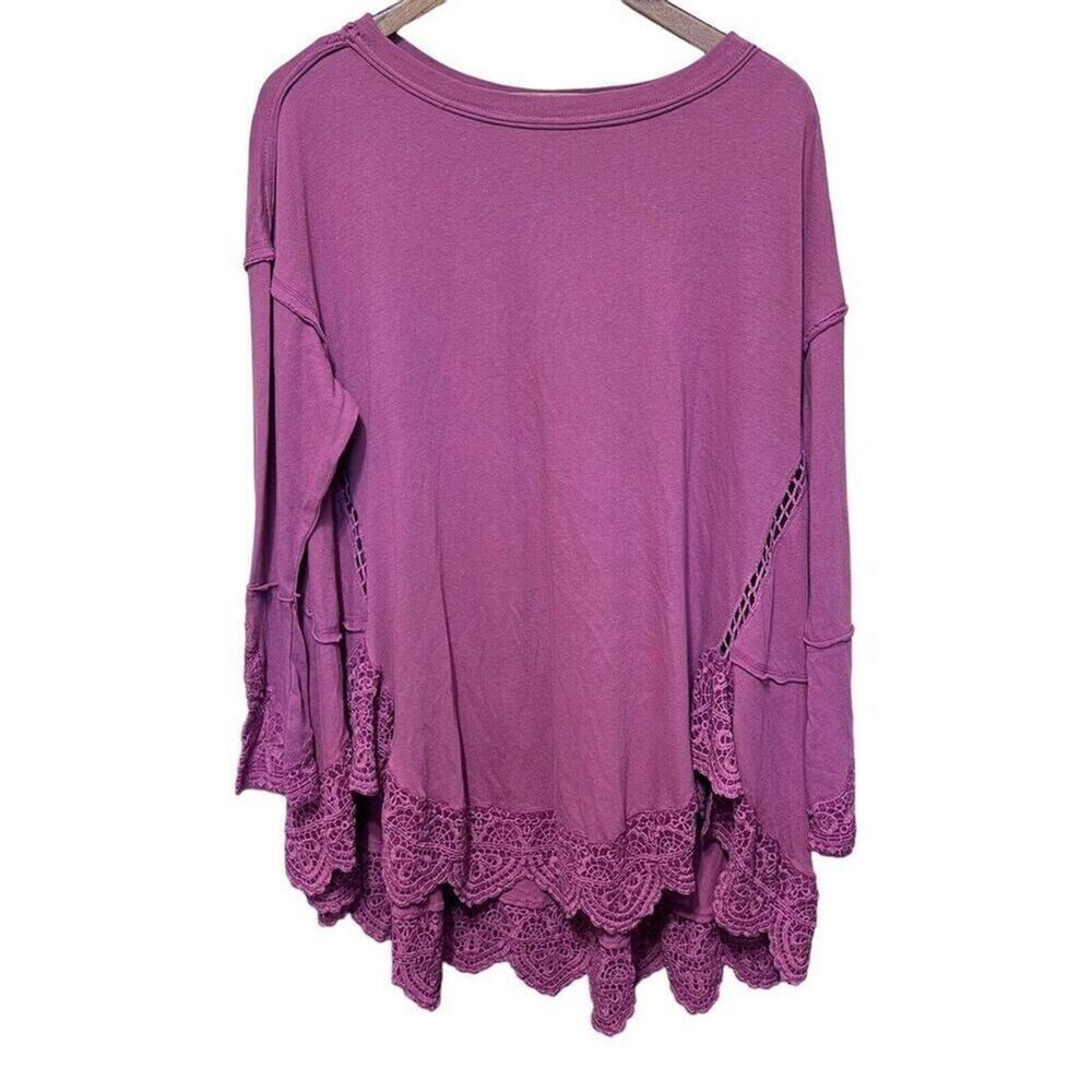 Free People Tunic Top Long SleeveShirred Hem Lace Oversized Purple Boho XS